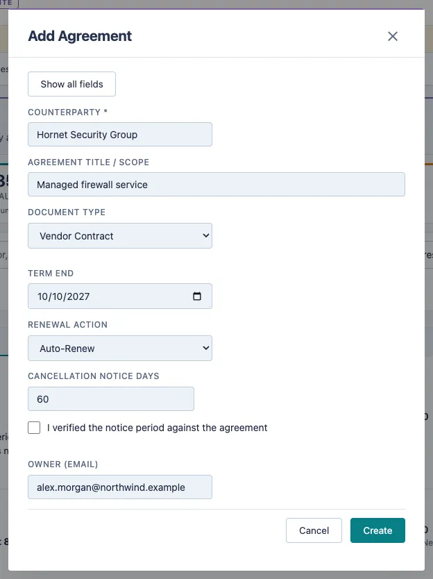 The Add Agreement form in quick entry, with the counterparty, title, document type, term end, renewal action, notice days and owner filled in.