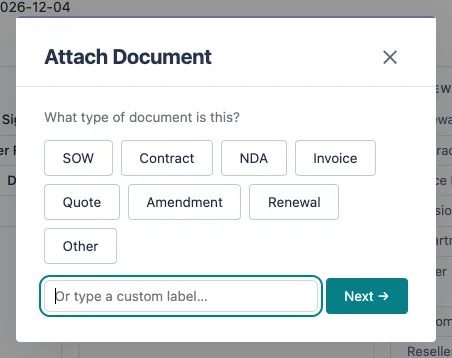 The Attach Document window asking what type of document this is, with buttons for SOW, Contract, NDA, Invoice, Quote, Amendment, Renewal and Other.