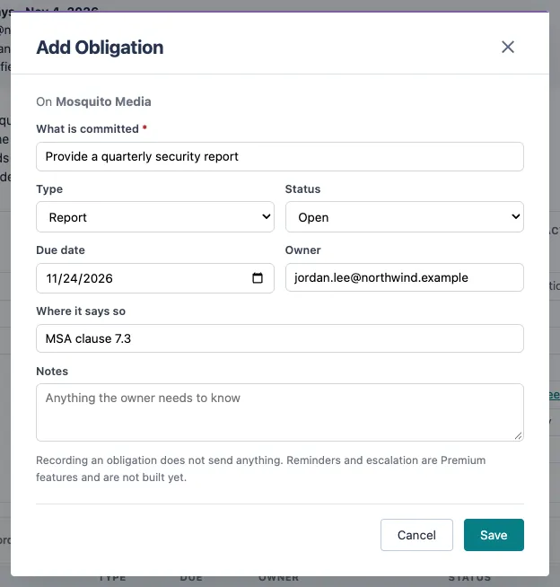 The Add Obligation form for Mosquito Media, with a quarterly security report, its type, due date, owner and clause filled in.
