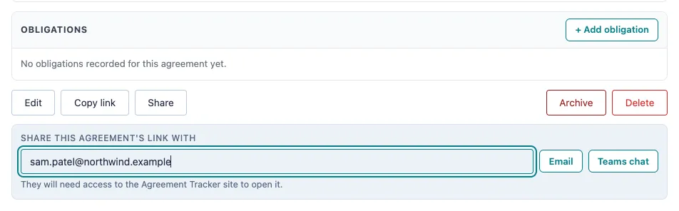 An open agreement with the Share panel showing an email address and the Email and Teams chat buttons.