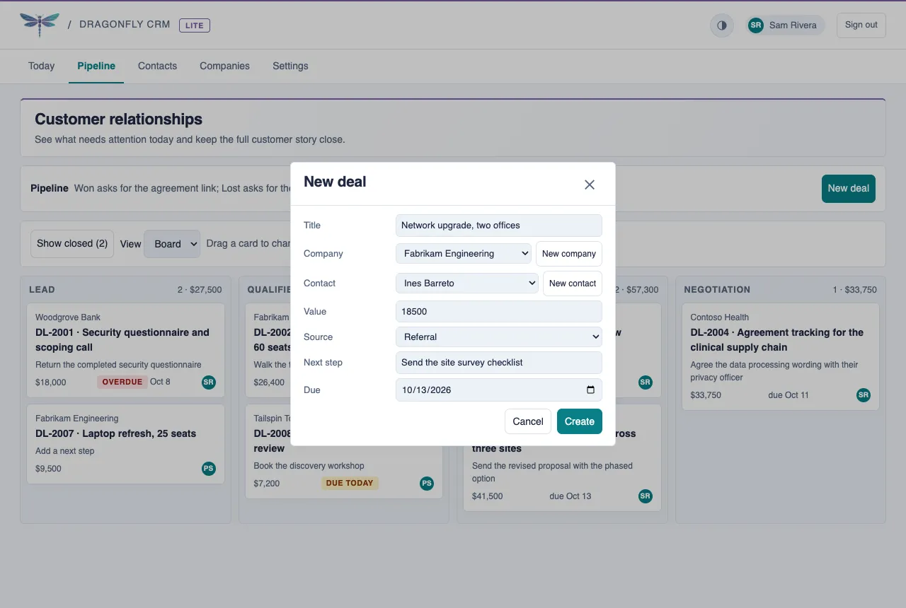 The New deal form over the pipeline board, with the title, company, contact, value, source, next step and due date filled in.