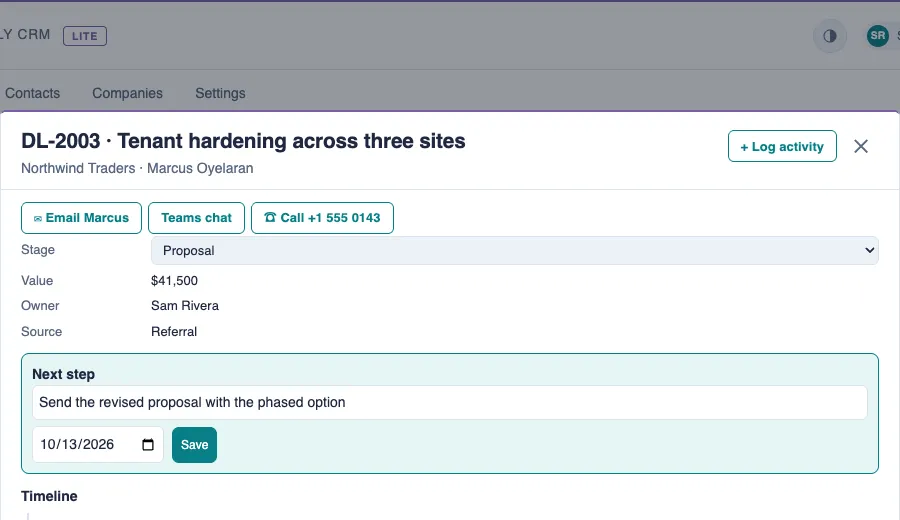 The top of an open deal, with the Email Marcus, Teams chat and Call buttons under the deal's title.