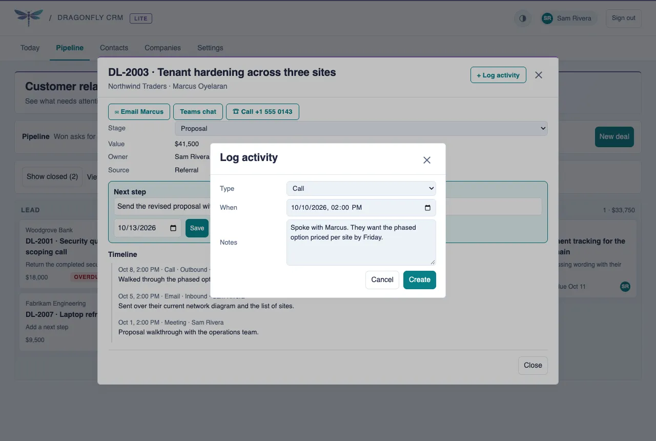 The Log activity form over an open deal, with Call chosen as the type and a short note typed in.