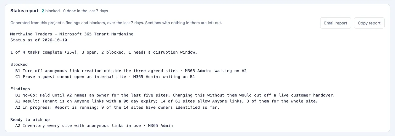 The Status report section with its summary line, the Email report and Copy report buttons, and the report text.