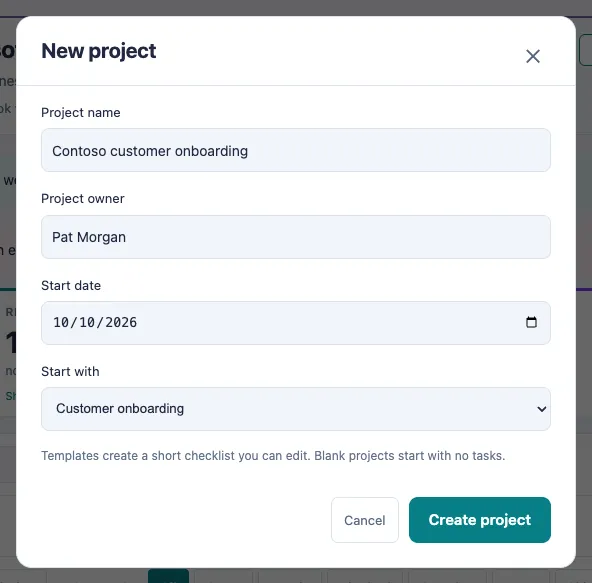 The New project form with a project name, owner and start date filled in, and Customer onboarding chosen under Start with.