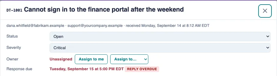 The top of a ticket with the Status and Severity lists, the Owner line and the Response due date marked Reply overdue.