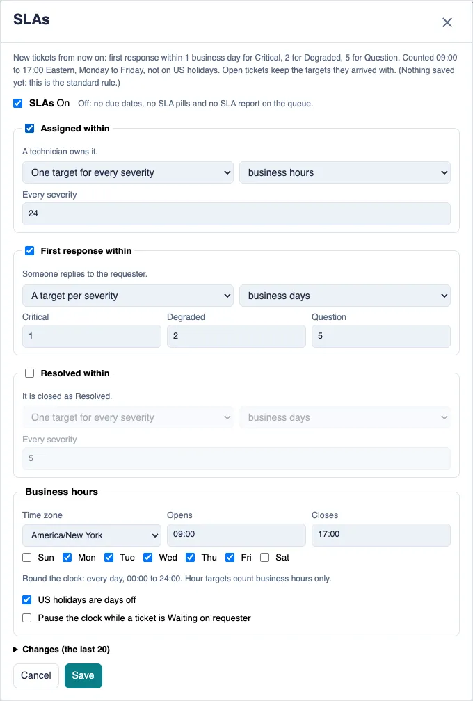 The SLAs window with Assigned within, First response within and Resolved within, the Business hours settings, and Save.